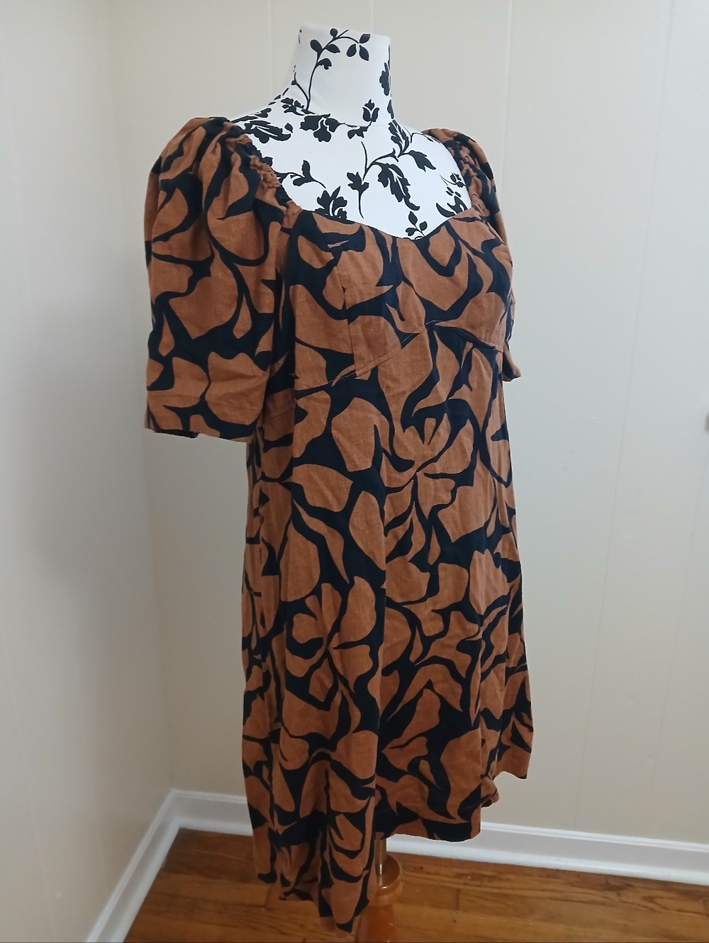 Linen A New Day Brown & Black Floral Puff-Sleeve Women's Dress